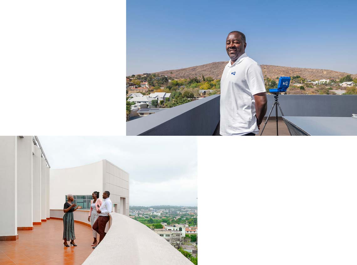 Two images of SLB employees, one outside on top of a building, the other is a group of people conversing