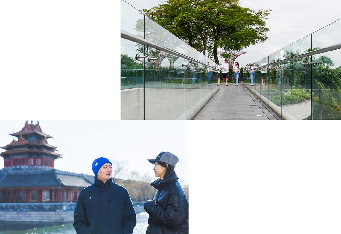 Two images: one outside of a glass walkway and the other is two people conversing in front of Asia architecture