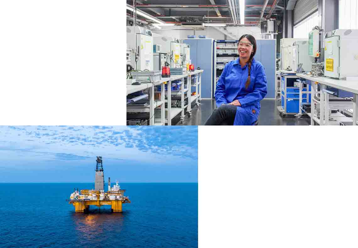 Two images: one of a SLB employee sitting in a lab and the other an oil rig platform out in the ocean