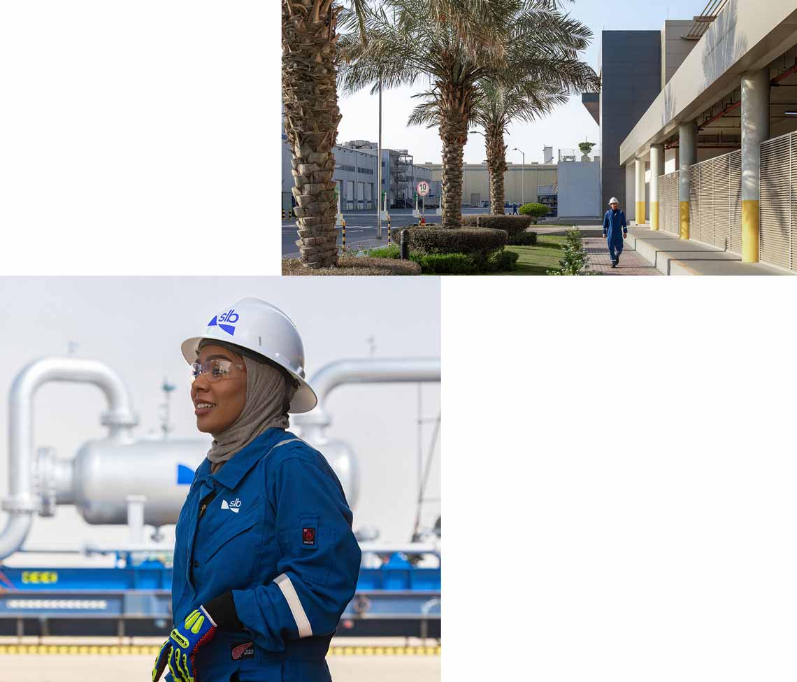 Two images: one of a SLB employee at a processing facility and the other of an office outside