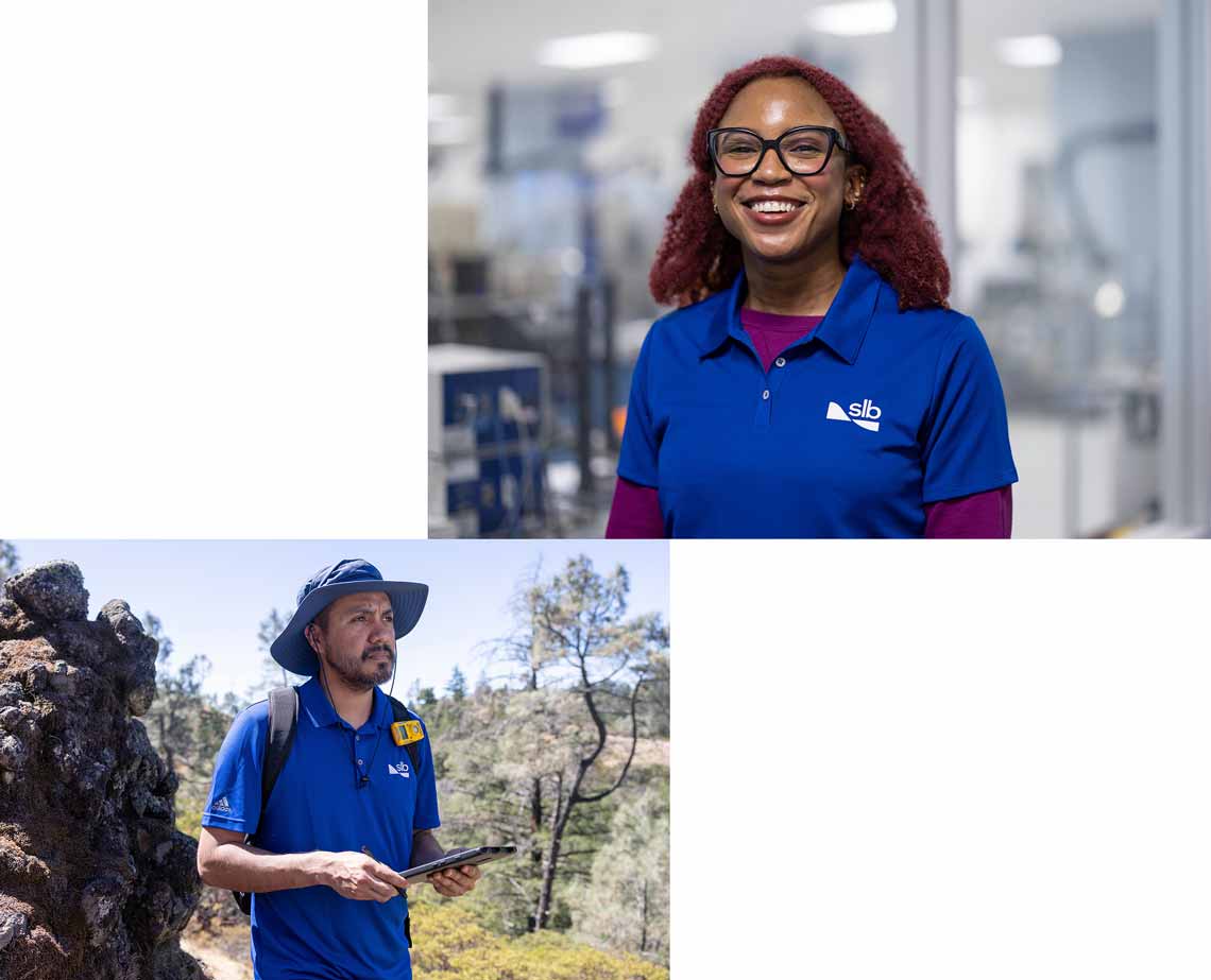 Two images of SLB employees: one in a lab and the other outside in desert environment