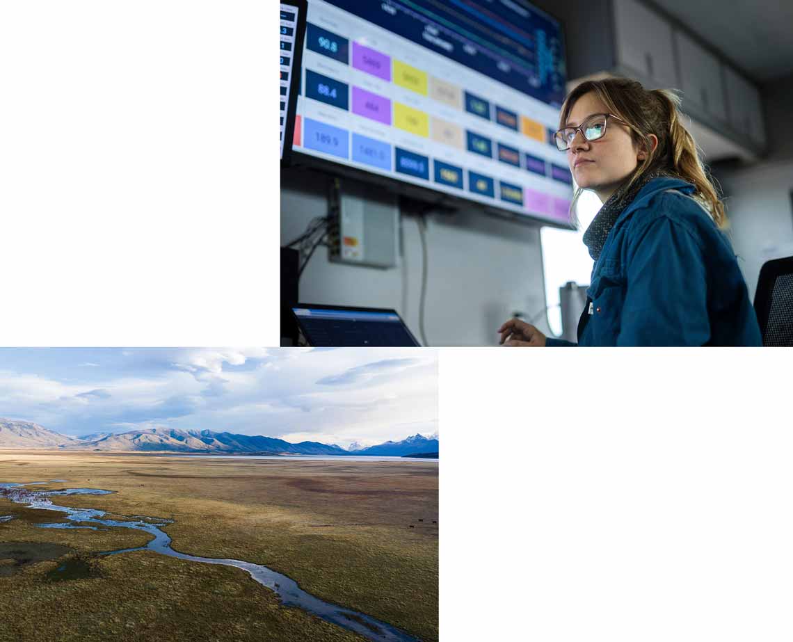 Two images: one of an SLB operator in front of computers and the other of an open plain with mountains in the distance