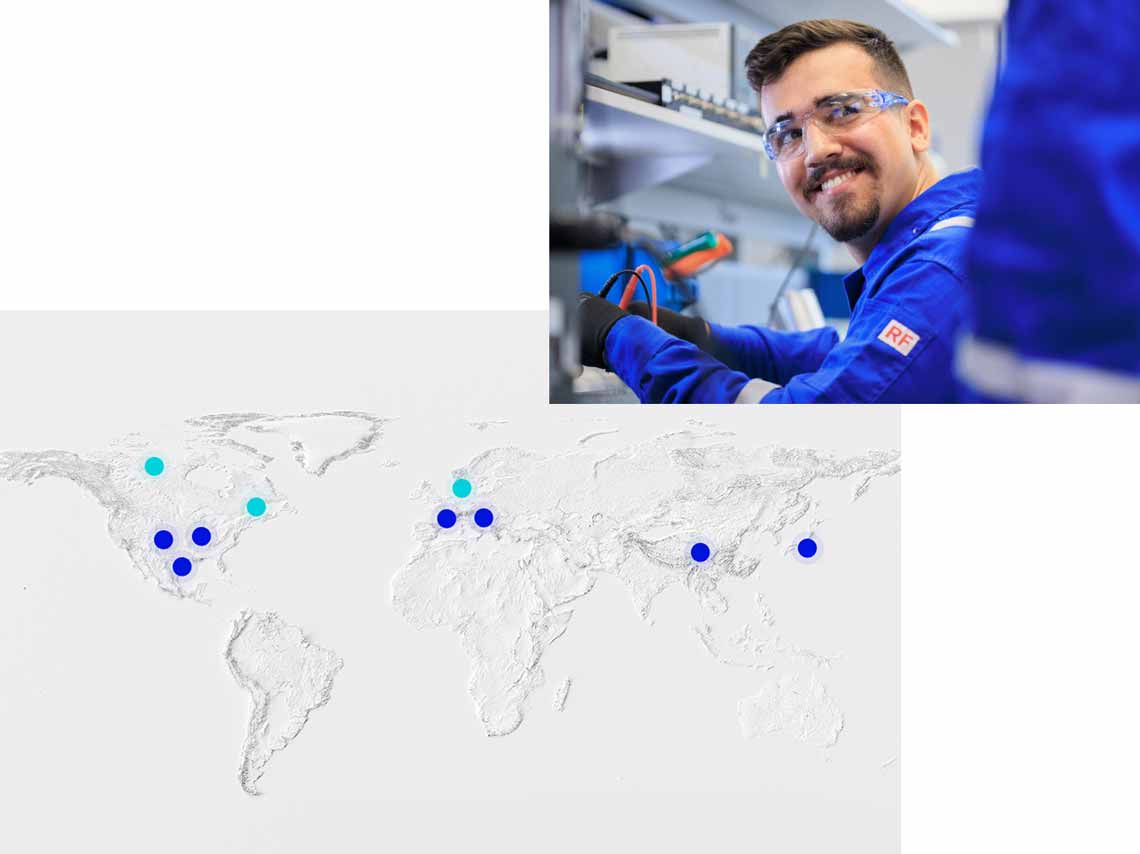 Two images on top of one another. One is of an SLB employee and another is a world map with location pins across the world