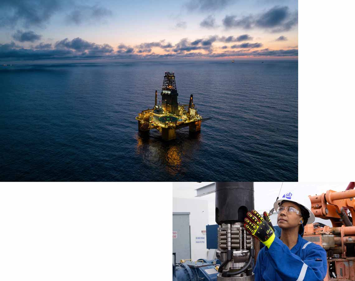 Two images on top of another. One being of a SLB employee and the other of a rig platform out in the ocean