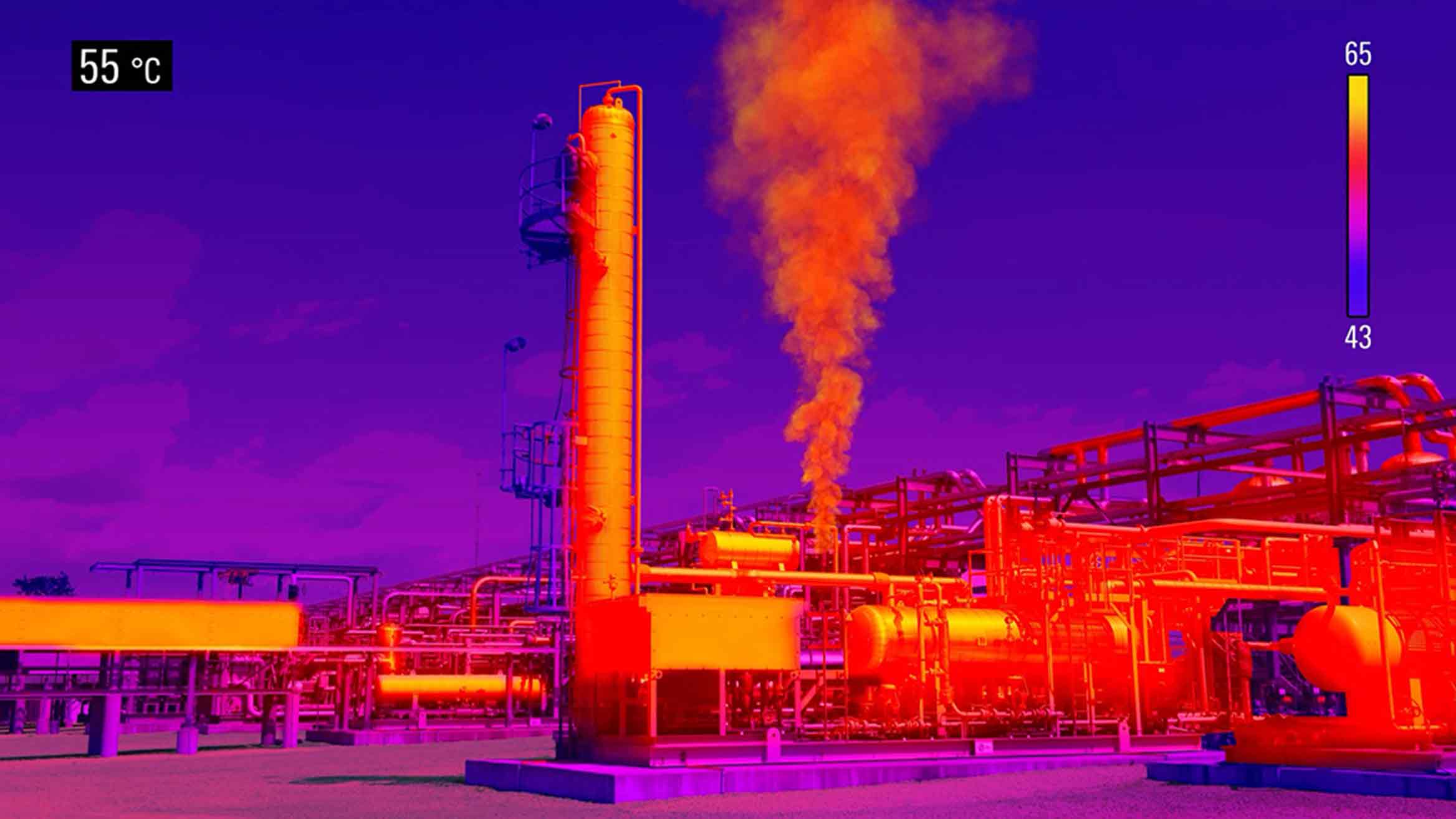 Infrared image of production facility with emissions plume