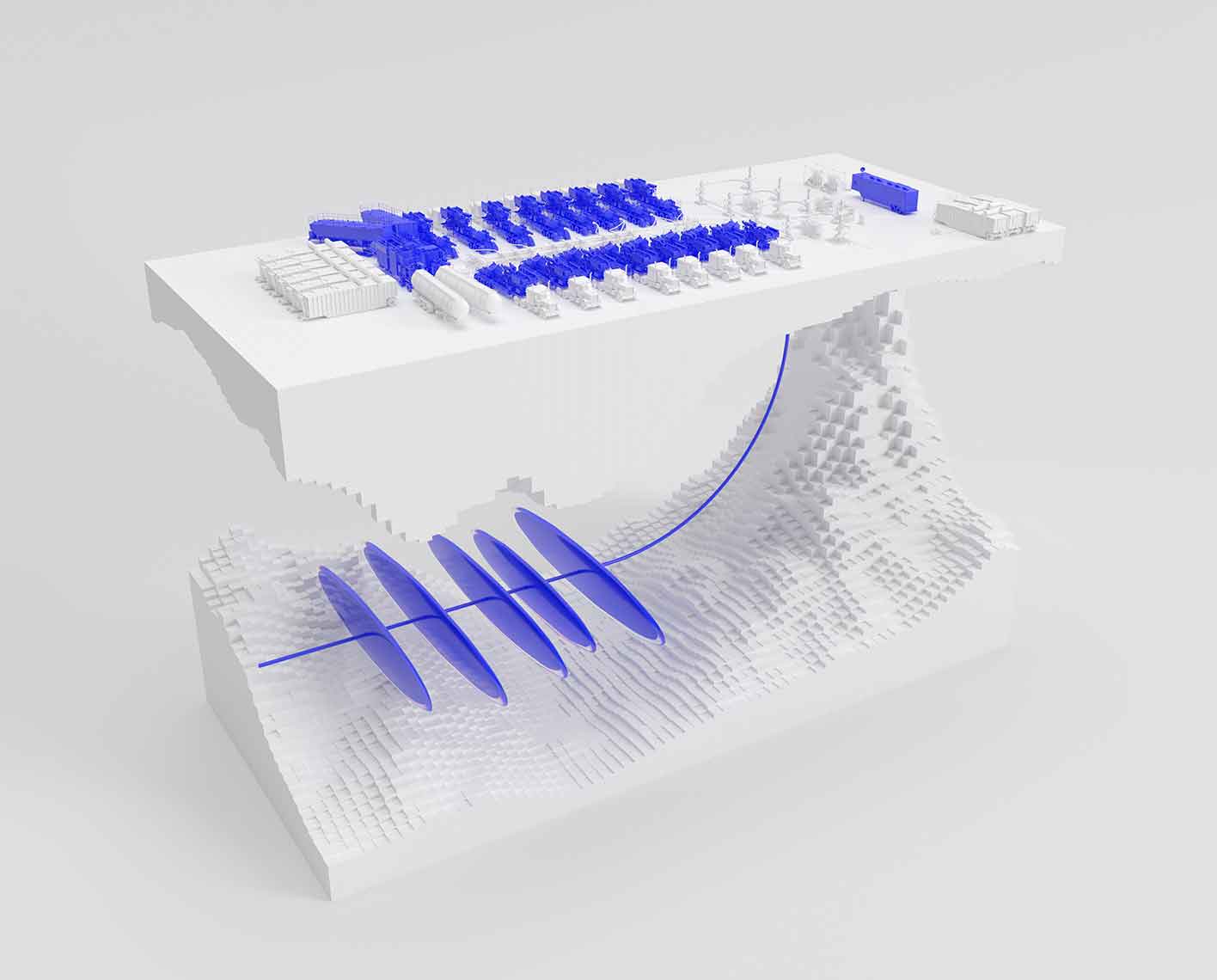 Artwork shows well pad with frac trucks and a horizontal well with multiple zones for fracturing.