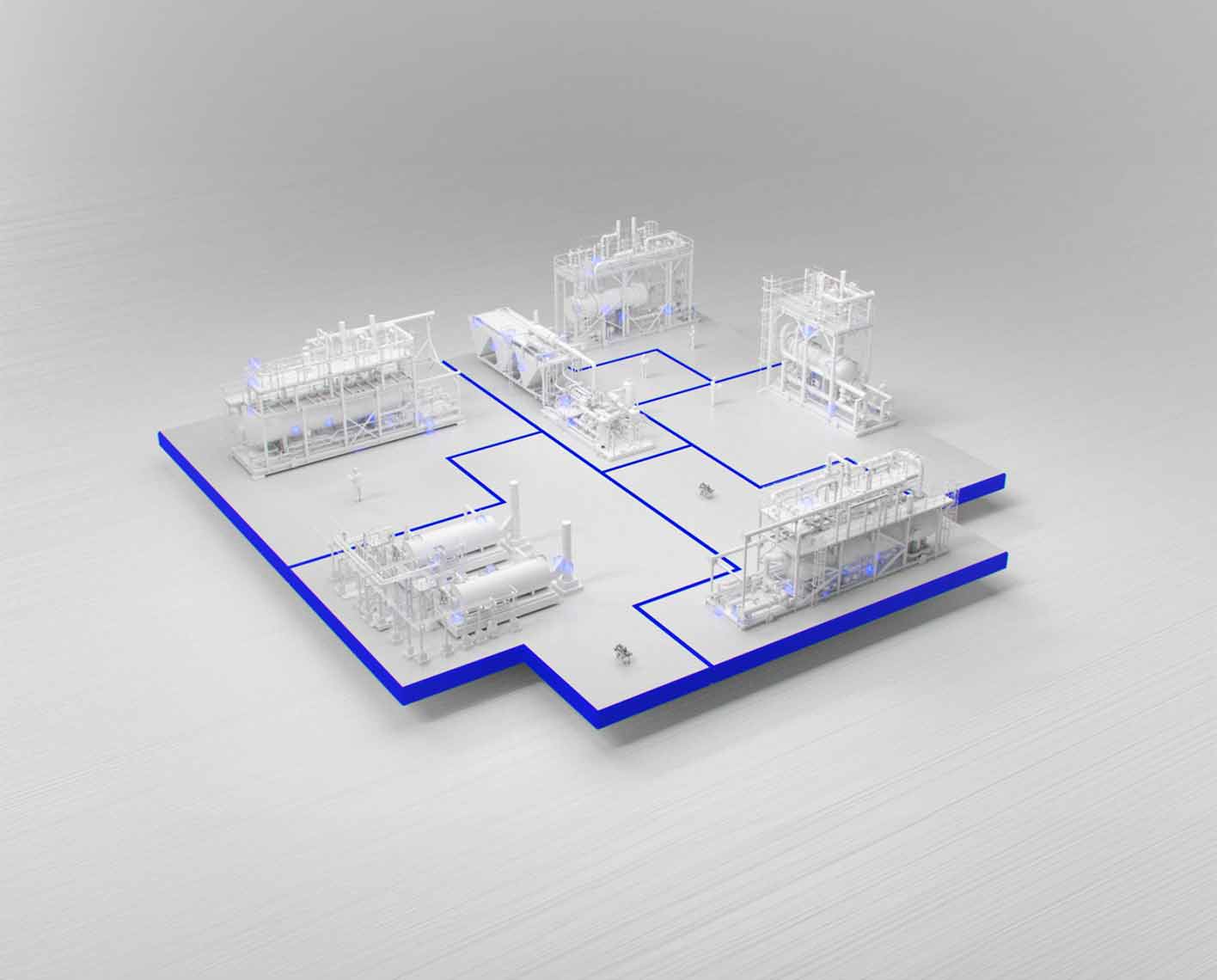Blue, gray, and white artwork depicting process facilities.