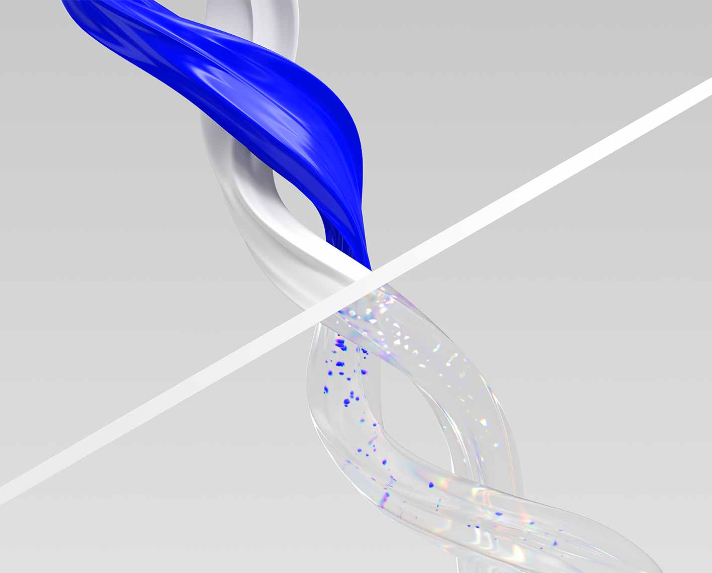 Intertwined blue and white spirals above a line and clear spirals below containing blue and white particles.