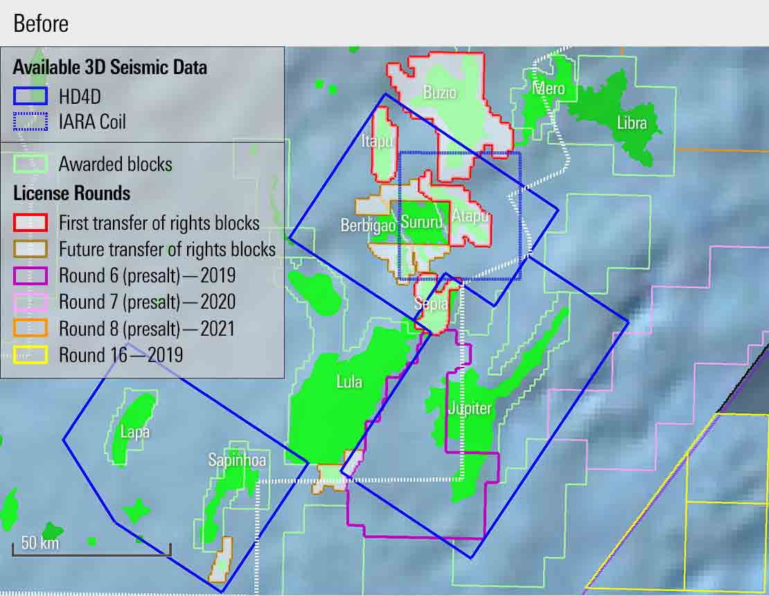 Image showing available 3D seismic data and license rounds blocks in the Central Santos Basin