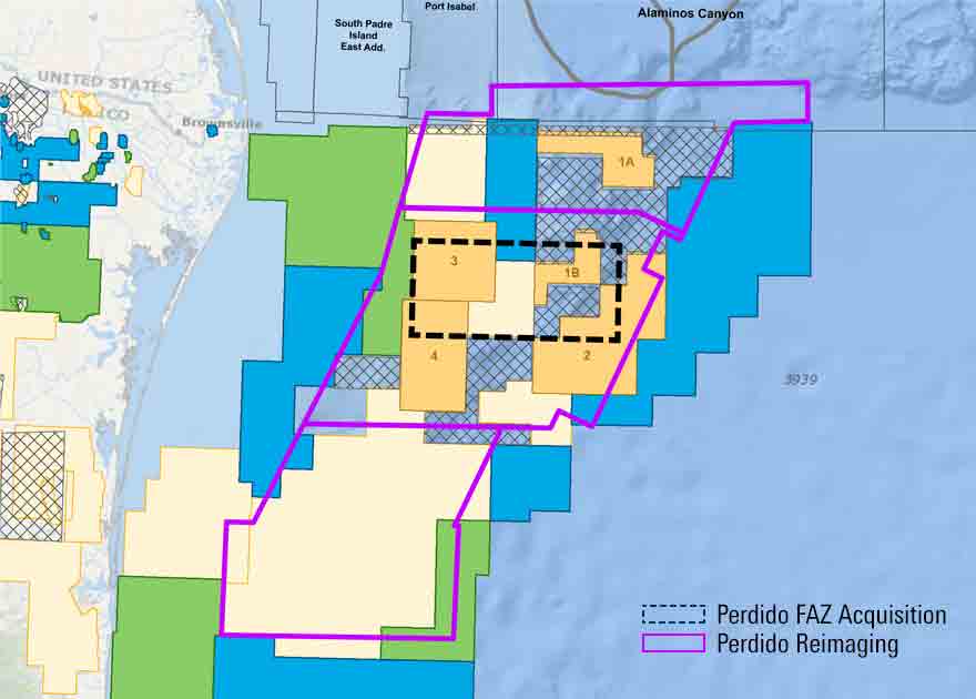Map of offshore Mexico showing Perdido reimaging and FAZ multiclient project areas.