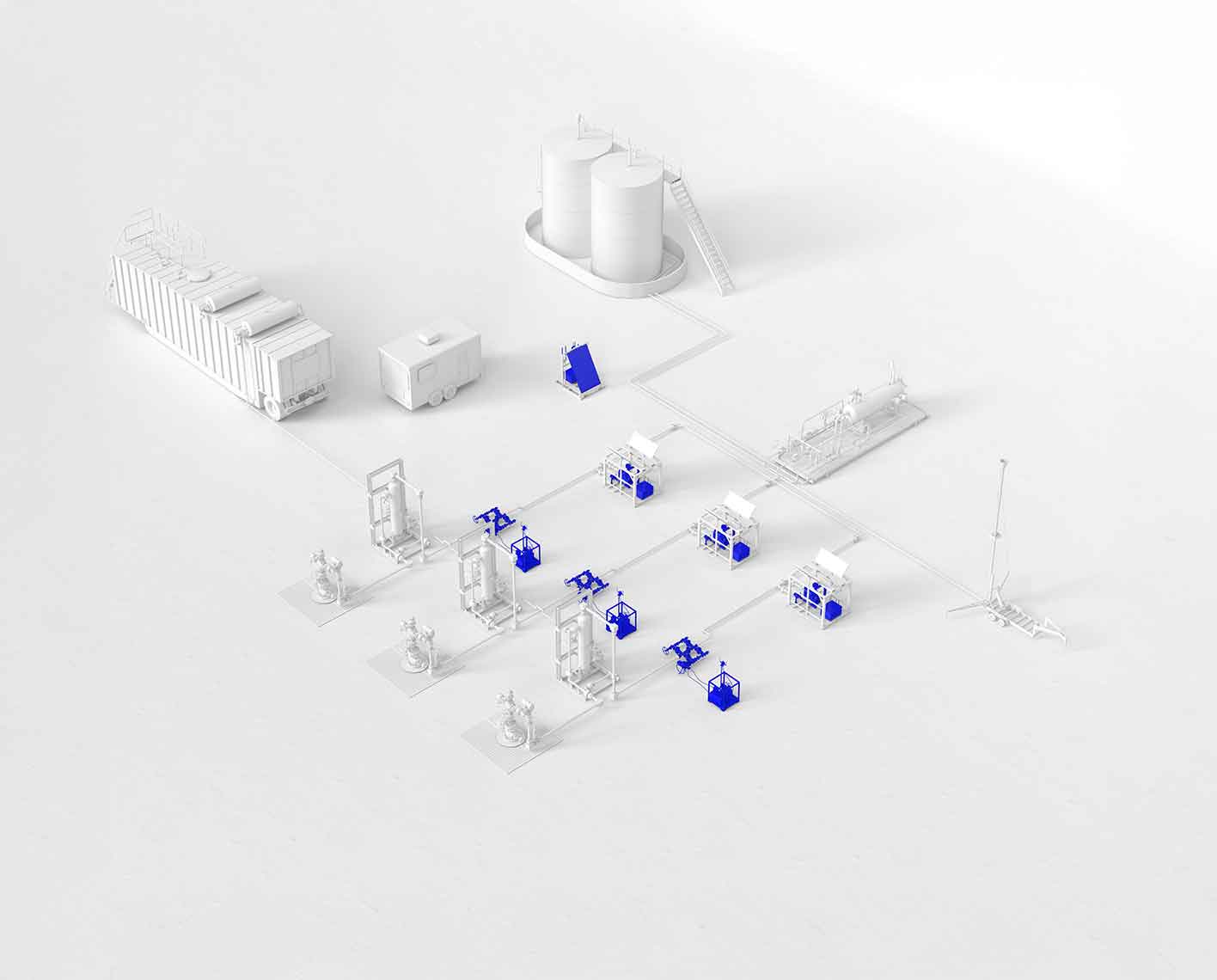 Artwork shows 3 wellheads connected to intelligent flowback system skids and other equipment.