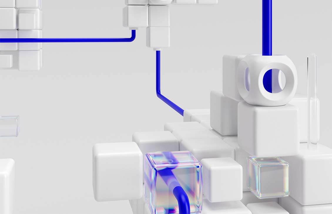 Artwork shows clusters of white cubes connected by blue pipes.