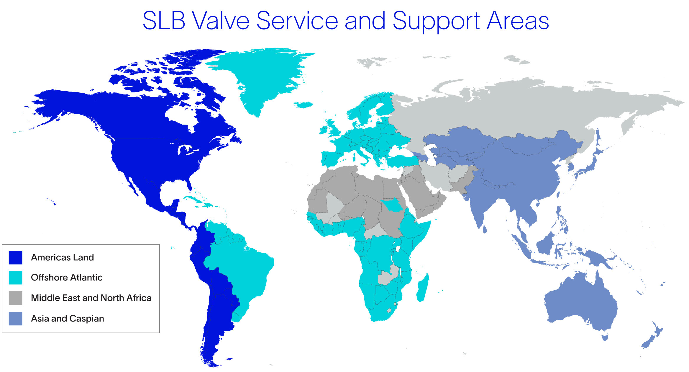 World map shows SLB valve service and support areas organized into four regions.